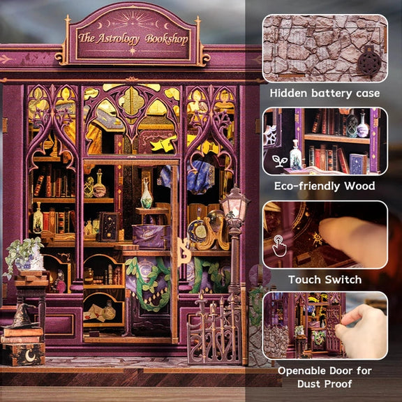 Book nook Librairie d'Astrologie, kit 155 pièces avec LED, boutique ésotérique miniature