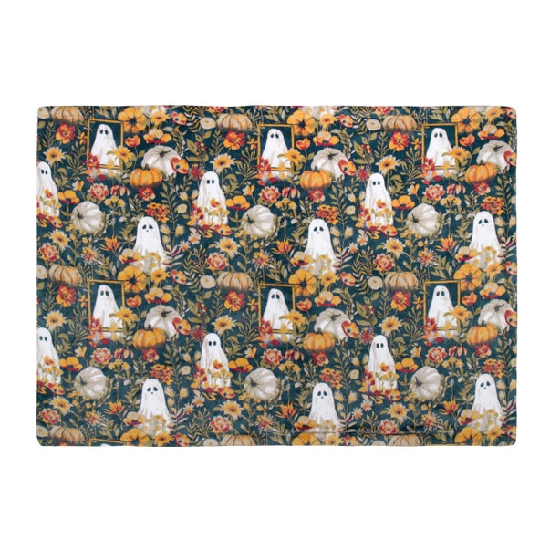 Plaid Halloween Bootanical 130 x 180 cm, polaire et sherpa, fleurs, citrouilles et petits fantômes
