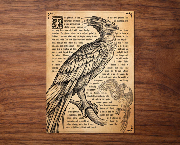 Carte postale vintage illustrée d'un phénix en tons sépia, style ancienne encyclopédie magique