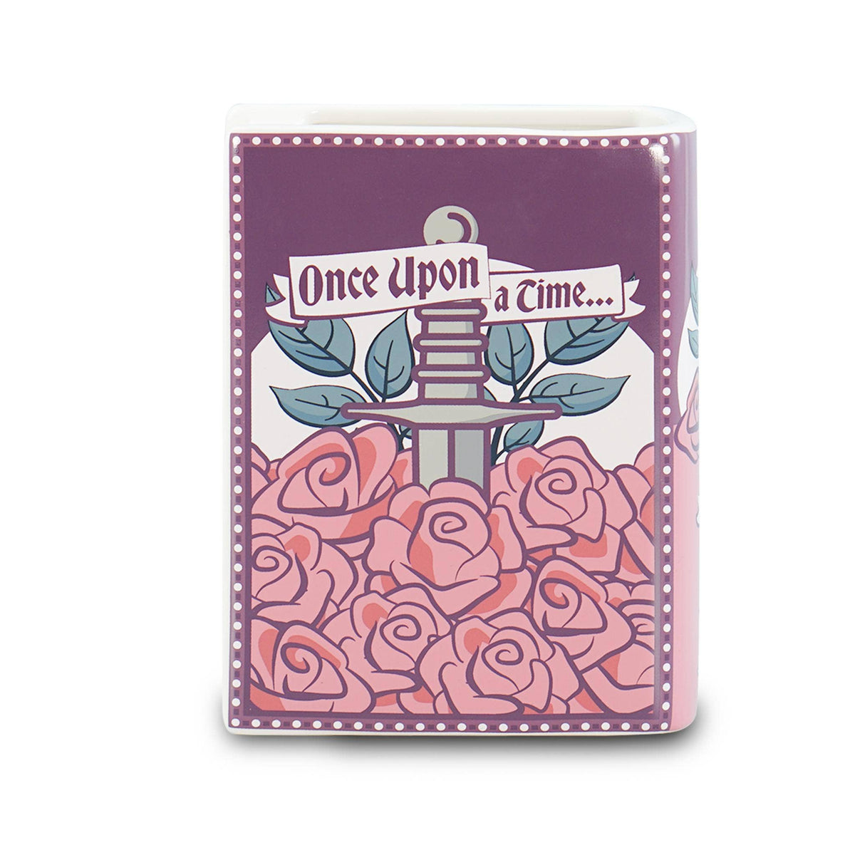 Vase céramique en forme de livre Once Upon a Time orné de roses aux tons rose, violet et bleu
