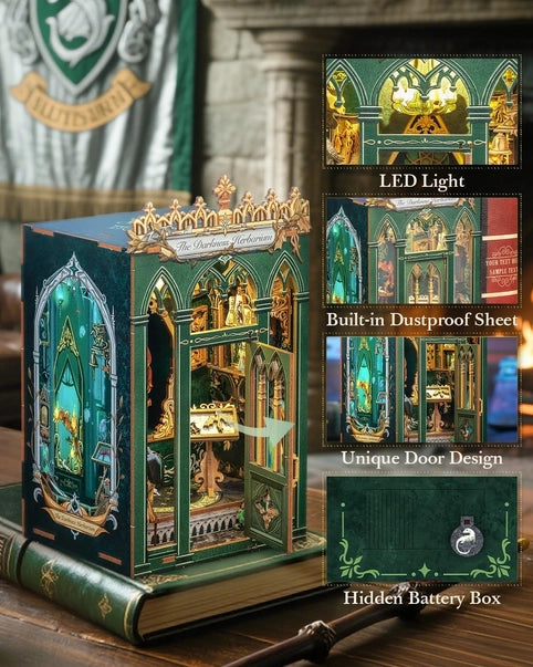 Book nook Herbier des Ténèbres, kit en bois 98 pièces avec LED, serre botanique vert émeraude