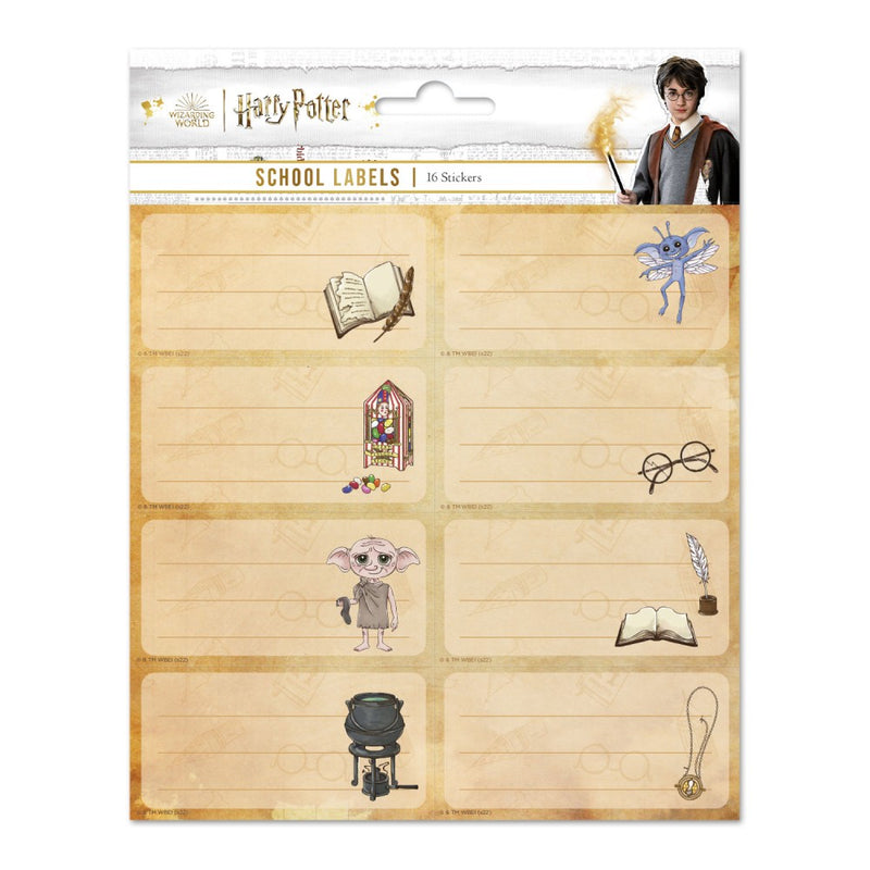 Planche de 16 étiquettes autocollantes scolaires Harry Potter illustrées du monde des sorciers