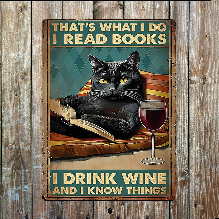 Plaque métal vintage Je bois du vin, lis des livres, connais des choses