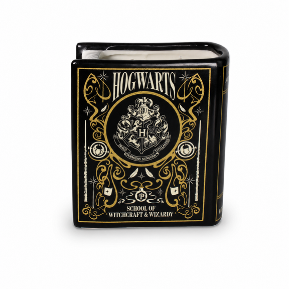 Bougie Harry Potter en céramique noire et dorée en forme de livre de Poudlard