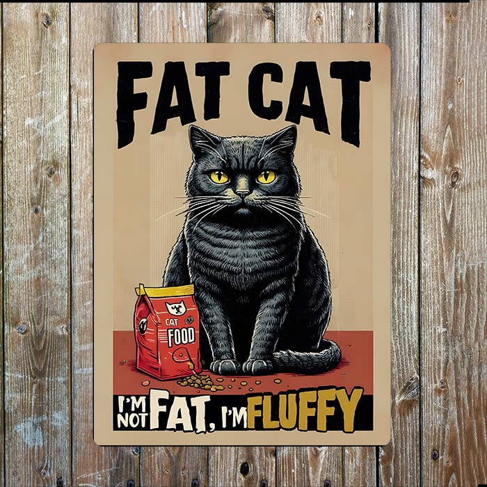 Plaque métal vintage humoristique avec gros chat, je ne suis pas gros je suis duveteux