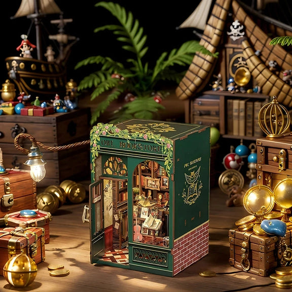 Book nook Librairie du Hibou, kit en bois 139 pièces avec LED, librairie miniature verte