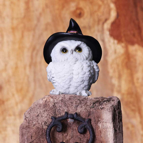 Statuette en résine d'une chouette blanche aux yeux dorés coiffée d'un grand chapeau de sorcière noir