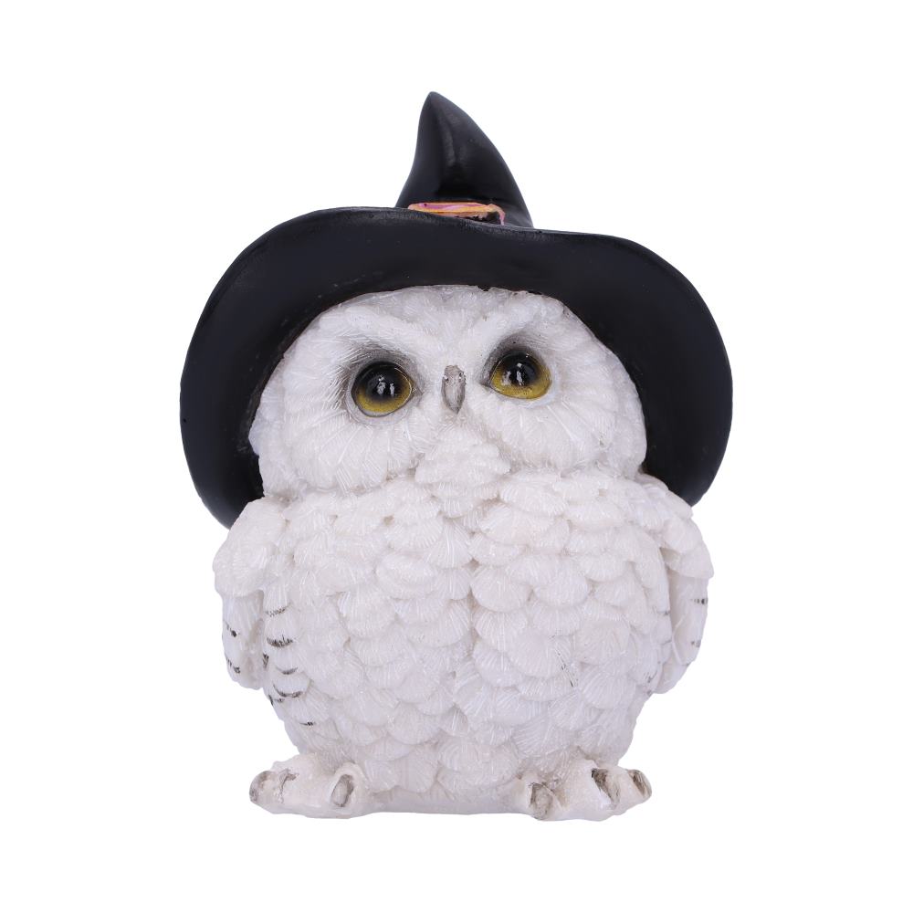 Statuette en résine d'une chouette blanche aux yeux dorés coiffée d'un grand chapeau de sorcière noir