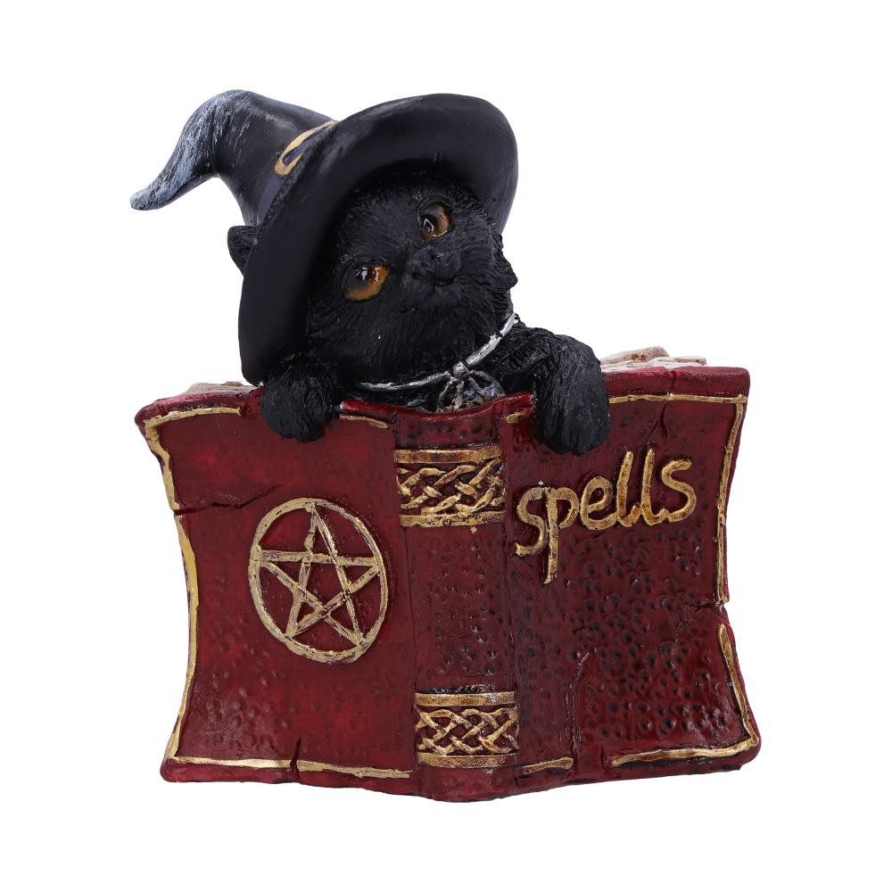 Statuette en résine d'un chat noir coiffé d'un chapeau de sorcier derrière un livre de sortilèges rouge