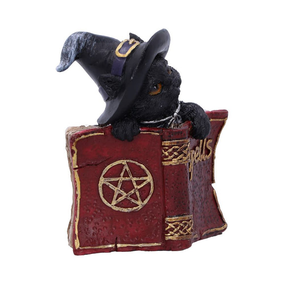 Statuette en résine d'un chat noir coiffé d'un chapeau de sorcier derrière un livre de sortilèges rouge