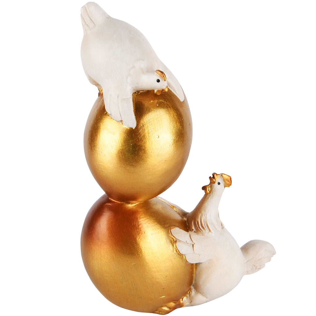 Statuette décorative de deux poules blanches perchées sur des œufs d'or, peinte à la main