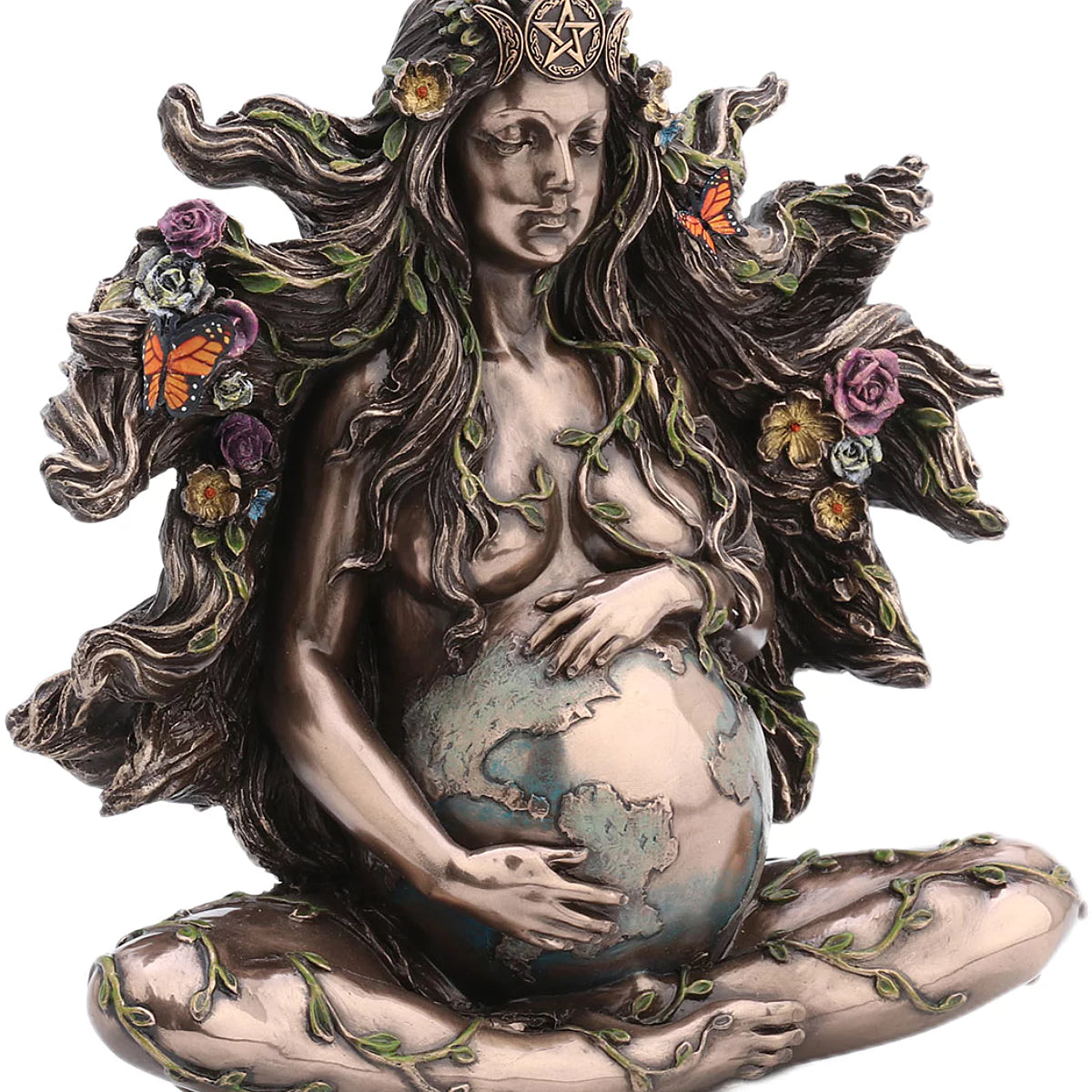 Statuette Gaia Veronese Design effet bronze, déesse assise enlaçant la Terre avec papillons et fleurs