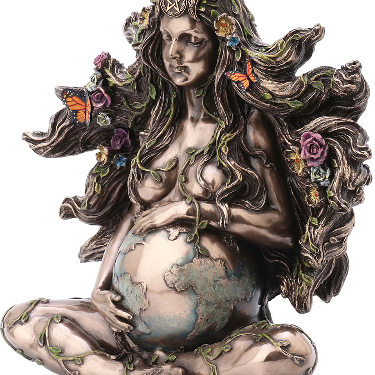 Statuette Gaia Veronese Design effet bronze, déesse assise enlaçant la Terre avec papillons et fleurs