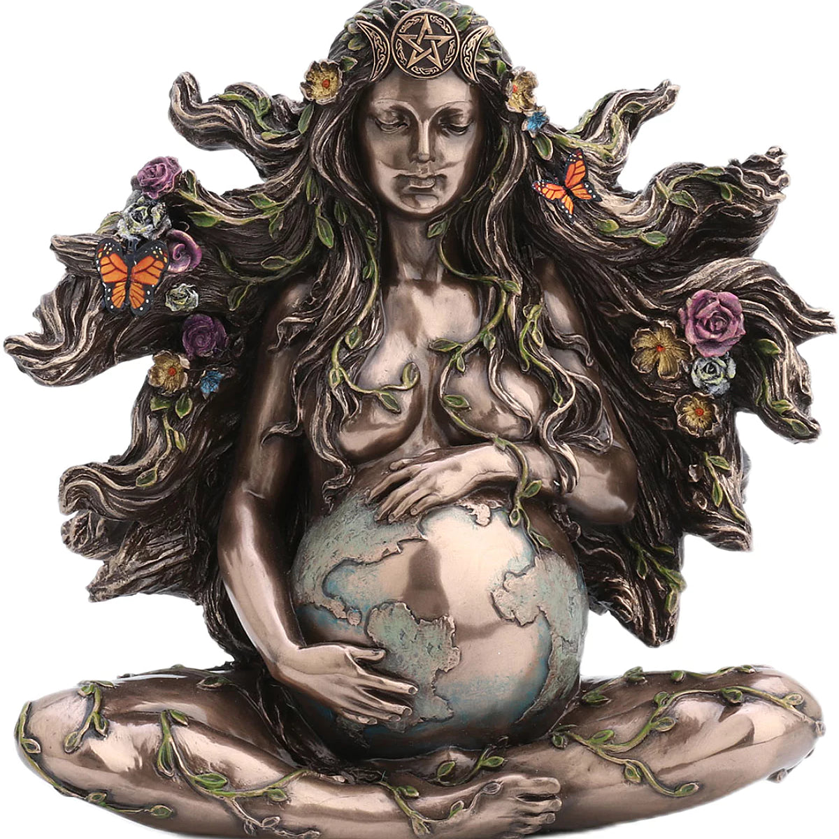 Statuette Gaia Veronese Design effet bronze, déesse assise enlaçant la Terre avec papillons et fleurs