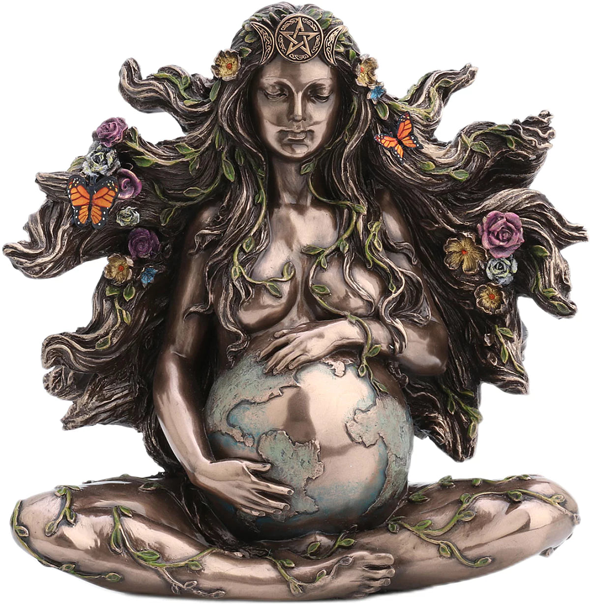 Statuette Gaia Veronese Design effet bronze, déesse assise enlaçant la Terre avec papillons et fleurs