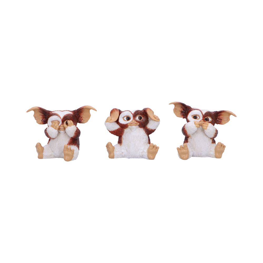 Trio de figurines Gizmo Gremlins en posture des 3 sages, ne rien voir, entendre ni dire de mal