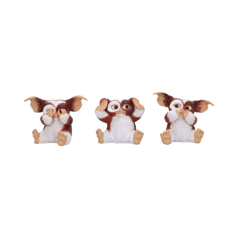 Trio de figurines Gizmo Gremlins en posture des 3 sages, ne rien voir, entendre ni dire de mal