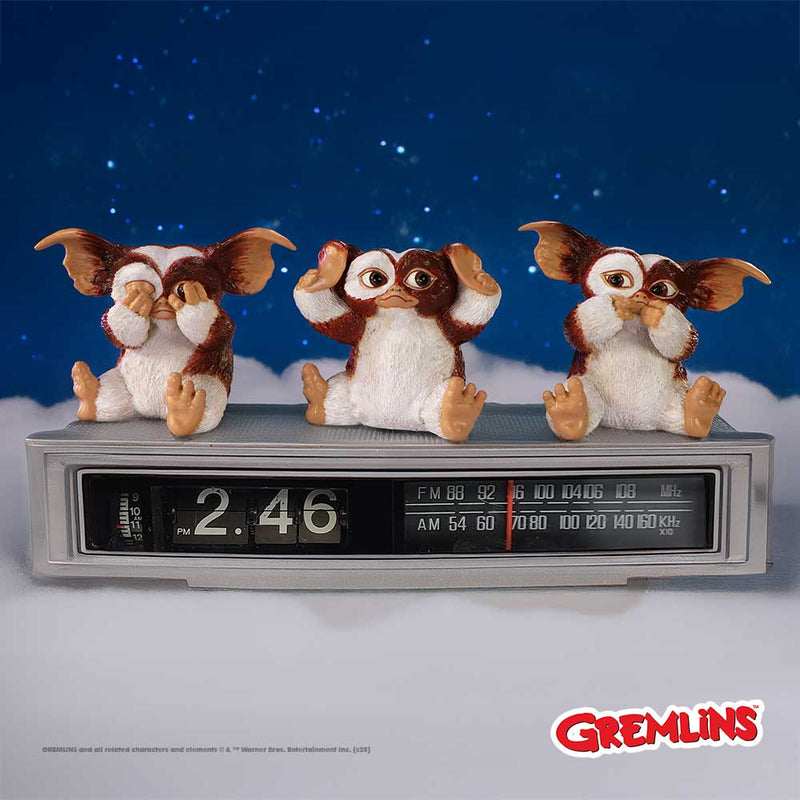 Trio de figurines Gizmo Gremlins en posture des 3 sages, ne rien voir, entendre ni dire de mal