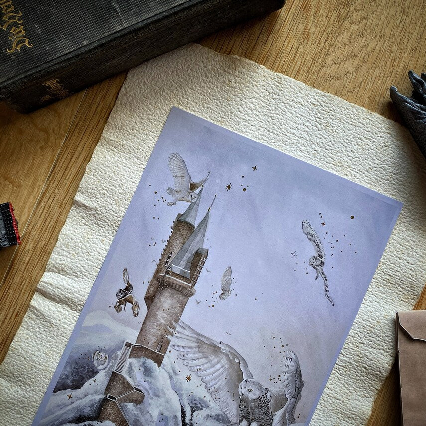 Illustration A5 d'une haute tour dressée dans un paysage enneigé survolée par des chouettes
