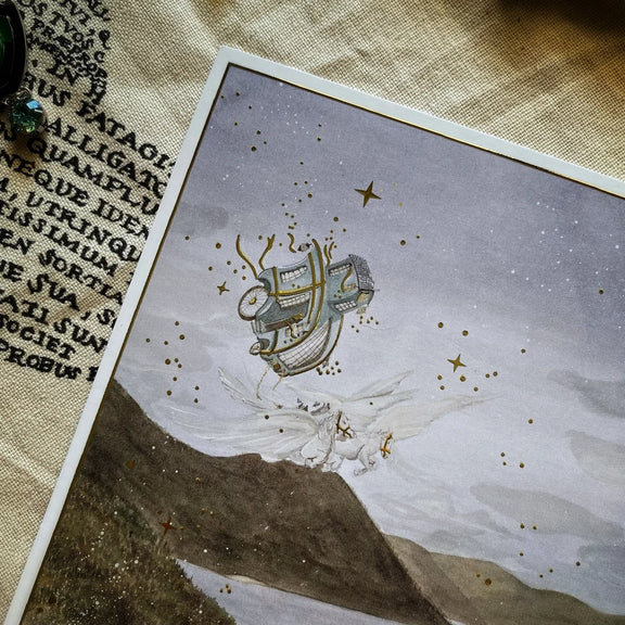 Illustration A5 d'un carrosse tiré par deux chevaux volants au-dessus d'un navire surgissant d'un lac