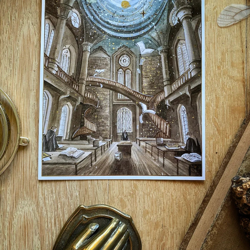 Illustration A5 de la tour d'astronomie d'une école de magie sous une coupole étoilée