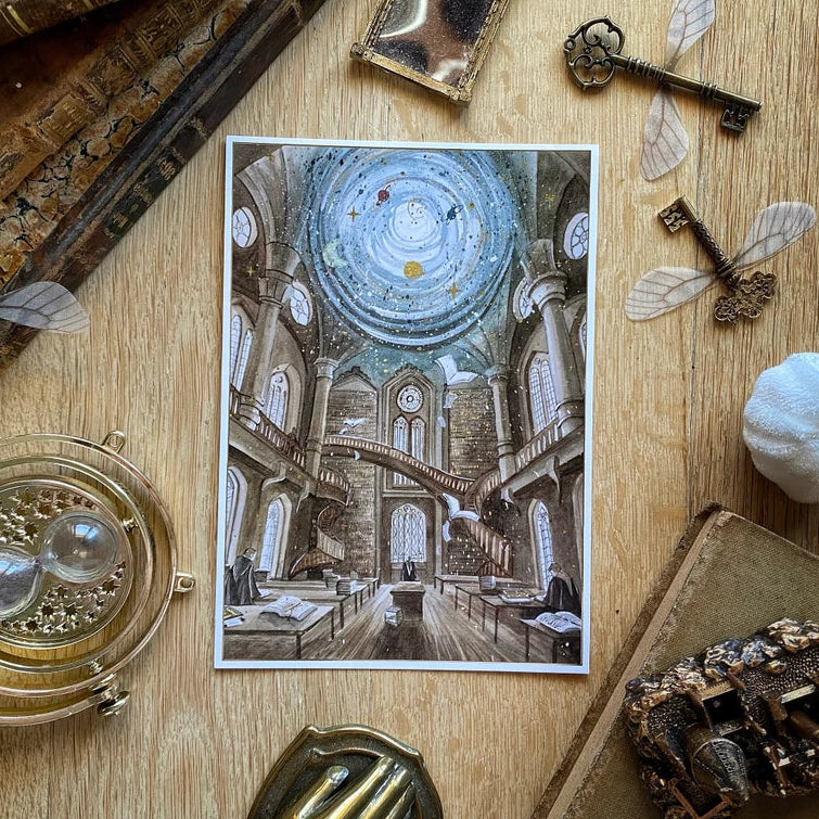 Illustration A5 de la tour d'astronomie d'une école de magie sous une coupole étoilée