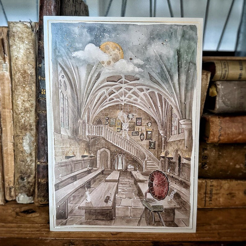 Illustration A5 d'une salle de cours voûtée de défense contre les forces du mal avec escalier et artefacts