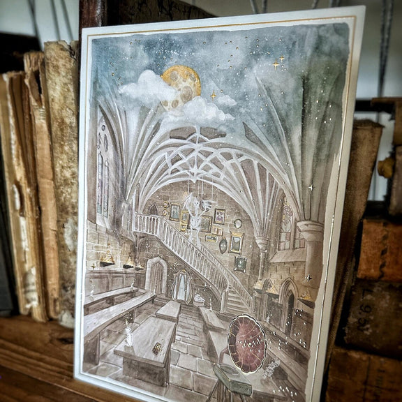 Illustration A5 d'une salle de cours voûtée de défense contre les forces du mal avec escalier et artefacts