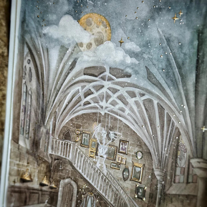Illustration A5 d'une salle de cours voûtée de défense contre les forces du mal avec escalier et artefacts