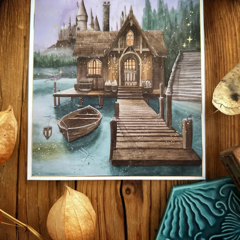 Illustration A5 d'un hangar à bateaux au bord d'un lac avec une barque et un château au coucher du soleil