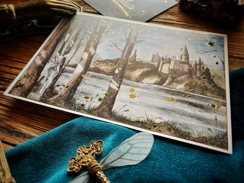 Illustration A5 d'un château de magie dans une forêt hivernale avec une biche vaporeuse