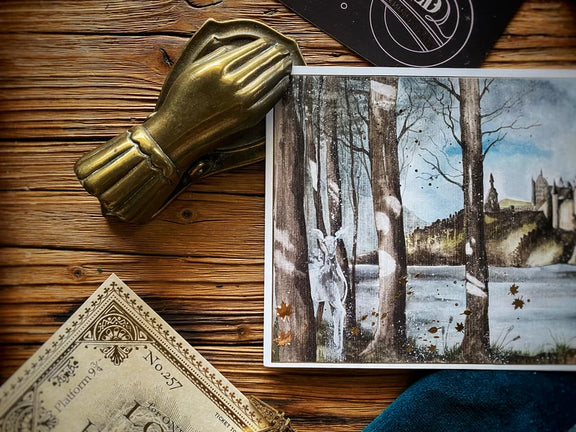 Illustration A5 d'un château de magie dans une forêt hivernale avec une biche vaporeuse