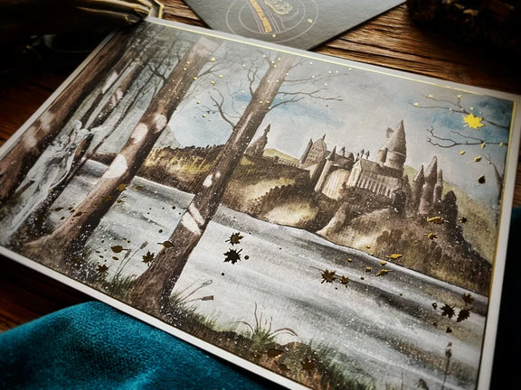 Illustration A5 d'un château de magie dans une forêt hivernale avec une biche vaporeuse