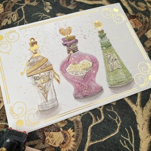 Illustration A5 de trois fioles de potions magiques, univers des sorciers, Gisa Wizard World