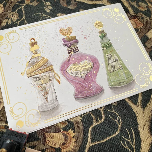Illustration A5 de trois fioles de potions magiques, univers des sorciers, Gisa Wizard World