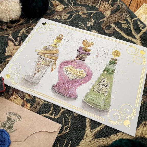 Illustration A5 de trois fioles de potions magiques, univers des sorciers, Gisa Wizard World