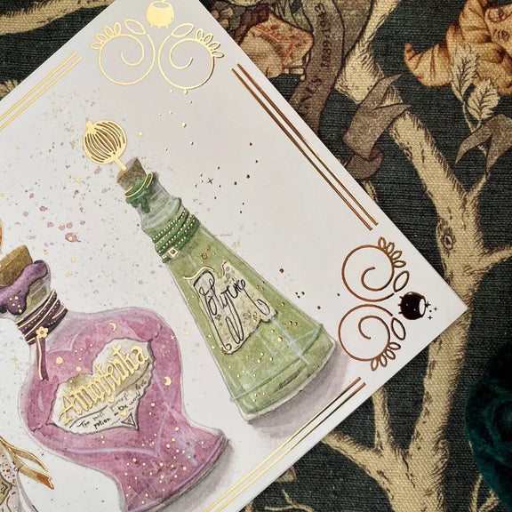 Illustration A5 de trois fioles de potions magiques, univers des sorciers, Gisa Wizard World