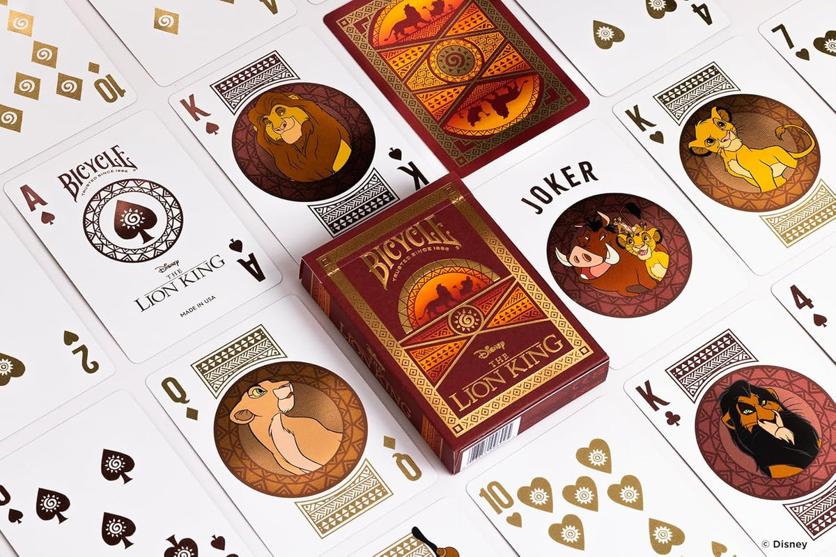 Jeu de cartes Bicycle Disney Le Roi Lion édition dorée avec Simba, Timon et Pumbaa