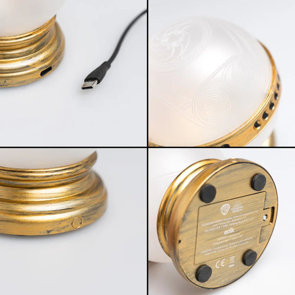 Lampe Harry Potter Rapeltout, sphère lumineuse translucide sur base dorée, LED deux modes