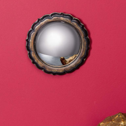 Miroir de sorcière convexe rond 19,2 cm à cadre ancien travaillé, décoration murale cabinet de curiosités