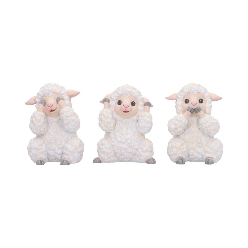 Trio de figurines moutons sages bouclés aux oreilles roses en résine, mantra protecteur