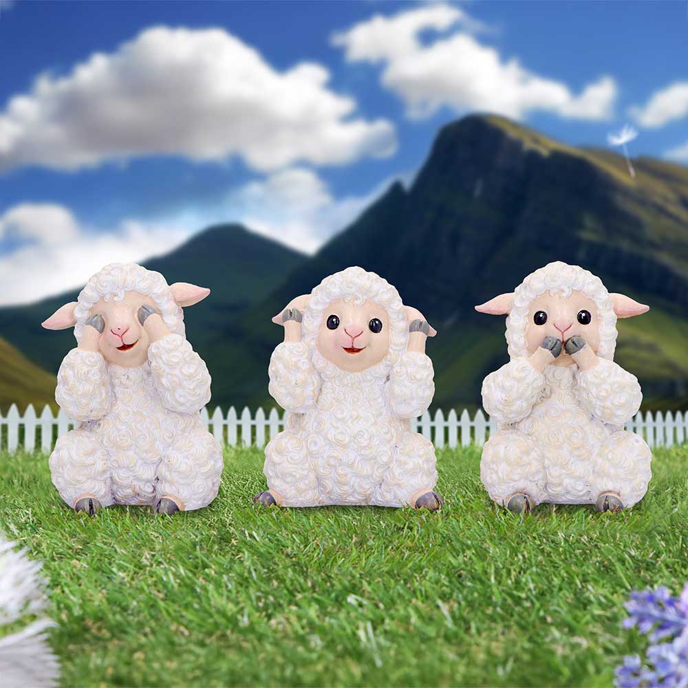 Trio de figurines moutons sages bouclés aux oreilles roses en résine, mantra protecteur