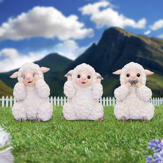 Trio de figurines moutons sages bouclés aux oreilles roses en résine, mantra protecteur