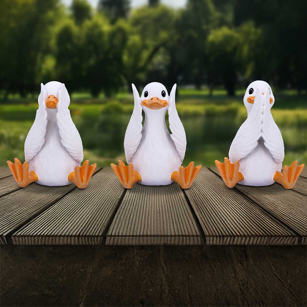 Trio de figurines oies sages en résine, yeux, oreilles et bec couverts, mantra de protection