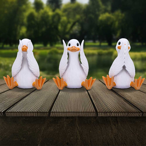 Trio de figurines oies sages en résine, yeux, oreilles et bec couverts, mantra de protection