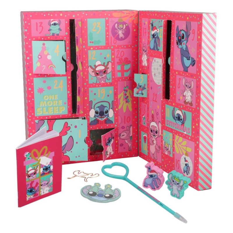 Calendrier de l'Avent Disney Stitch avec 24 cases colorées, surprises papeterie et accessoires