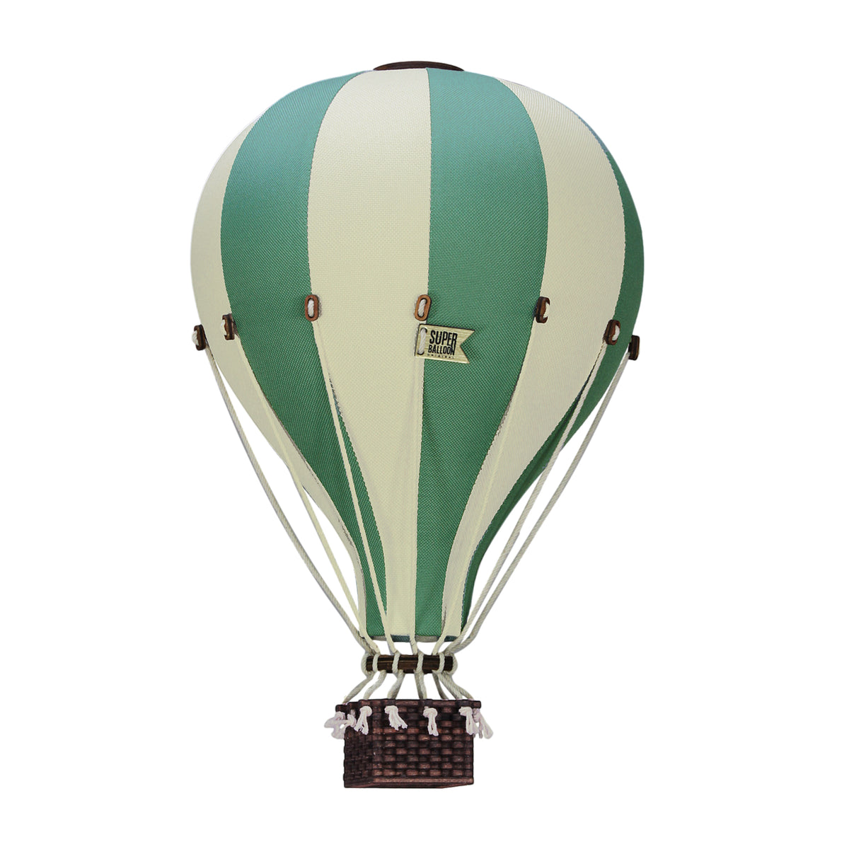 Montgolfière décorative petit modèle en tissu et bois à suspendre, style voyage à la Jules Verne