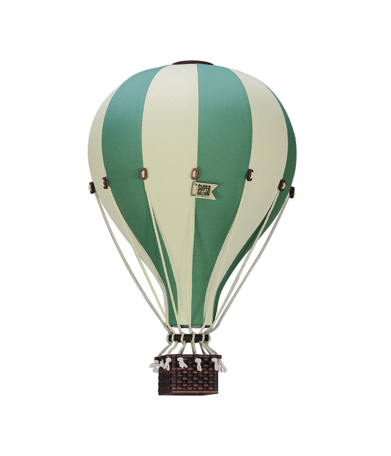Montgolfière décorative petit modèle en tissu et bois à suspendre, style voyage à la Jules Verne