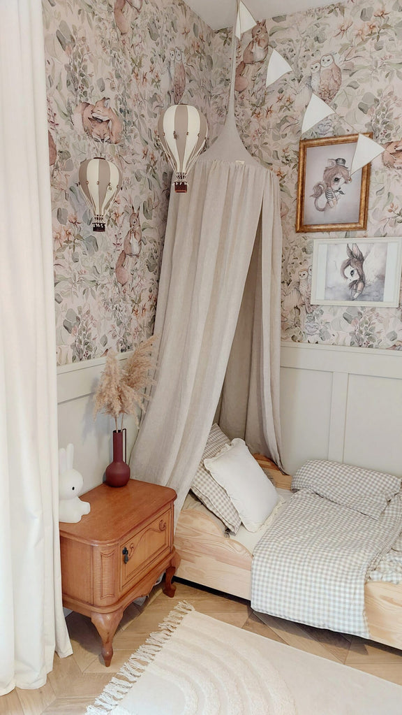 Montgolfière décorative petit modèle en tissu et bois à suspendre, style voyage à la Jules Verne