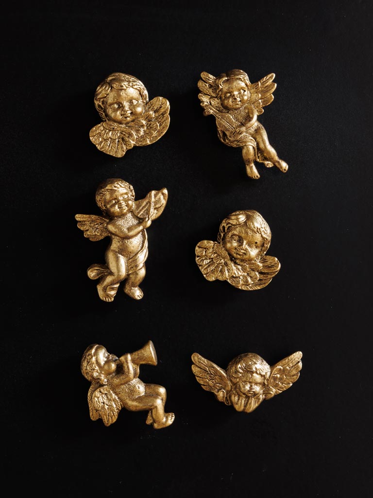 Set de 6 aimants anges chérubins dorés à patine vintage, postures variées